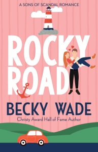 Illustrated cover of Rocky Road featuring a light pink background, clipart images of a red car, a lighthouse, and a couple